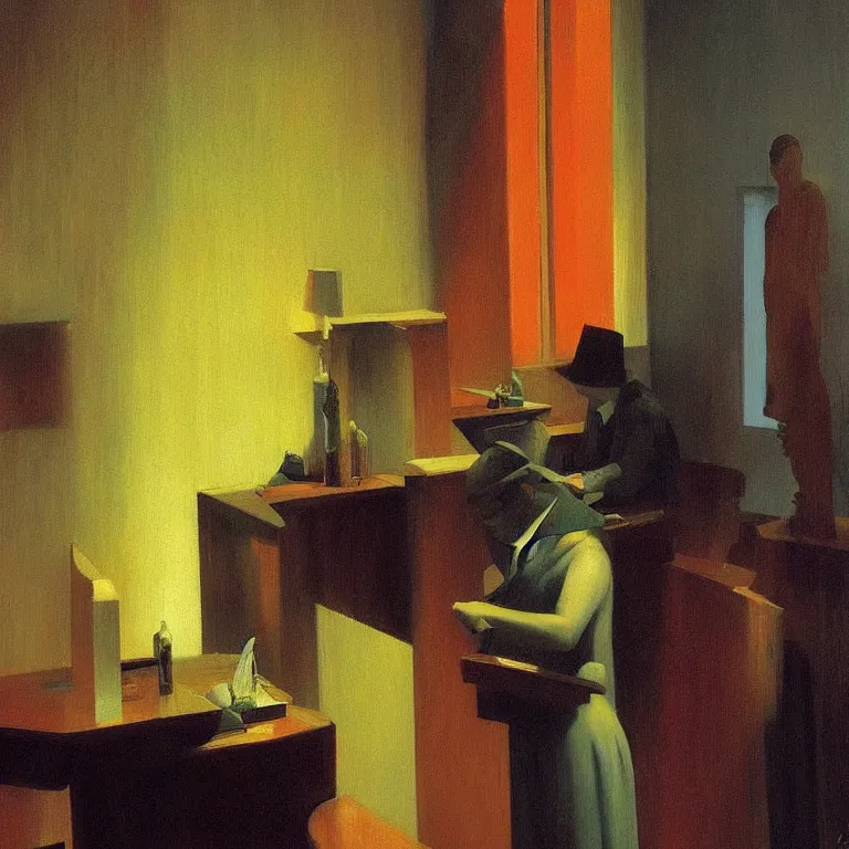 Image similar to i know who I am at the jazz club, Edward Hopper and James Gilleard, Zdzislaw Beksinski, Steven Outram highly detailed