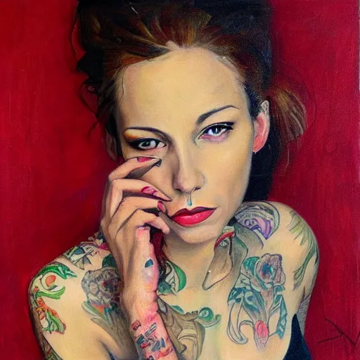 Image similar to painting of a beautiful woman with tattoos by hollis dunlap