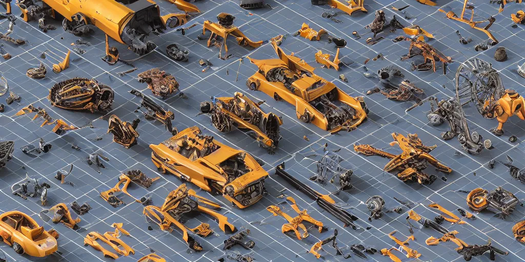 Image similar to collection of exploration of form and shapes, props, hard surface, panel, simon stalenhag, kitbash, items, gadget, big medium small, close up, vehicles, futuristic, parts, machinery, greebles, insanely detailed, case, hardware, golden ratio, wes anderson color scheme