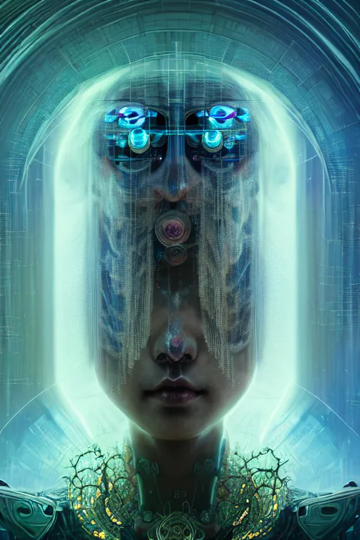 Image similar to asura from chinese myth, ghost, gorgeous and huge head ornaments, dystopian, cyberpunk, organic fractal mycelum and fungi, mecha, halfturn portrait of a big crystal face made of crystals half - turn, ominous, intricate, studio, art by anthony macbain + greg rutkowski + alphonse mucha, concept art, 4 k, sharp focus