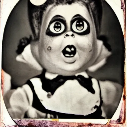 Prompt: 1 9 5 0 s, angry evil dolls coming to life and jump scaring, doll phobia, horror, polaroid,