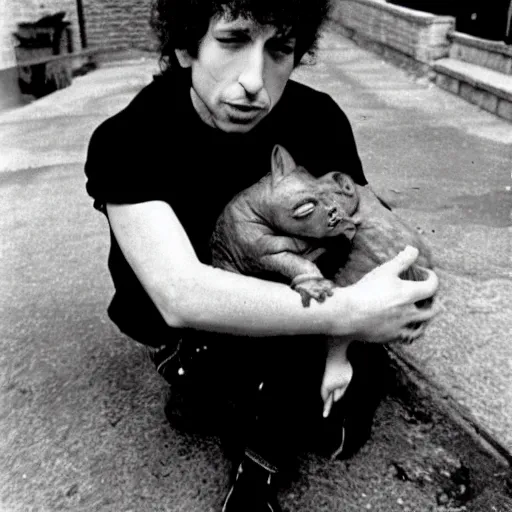 Image similar to bob dylan cradling a fat goblin like a baby, photograph, 1 9 6 5