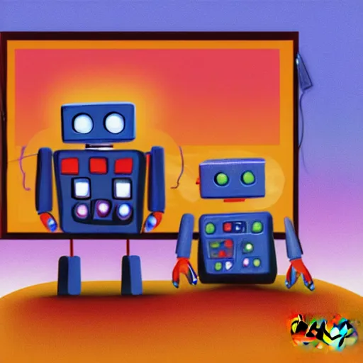 Prompt: Two robots are watching TV in desert, digital art.