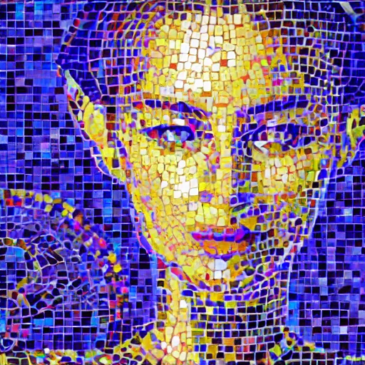 Image similar to mosaic portrait of a beautiful cute girl with robot ears, 4k, intricate details, digital, sun in the background