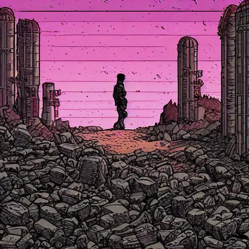 Image similar to a lone soldier walks along a line in a ruined city by dan mumford