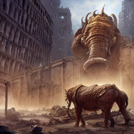 Prompt: golden mammoth in a ruined city, artstation, cgsociety, cgi, digital arts, realistic, awards winning, dramatic, cinematic, artistic, famous, detailed