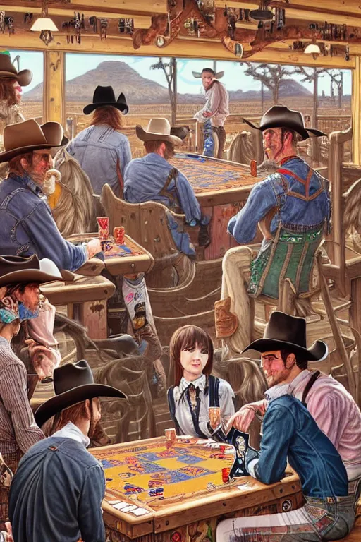 Image similar to full view, from a distance, of cowboys in the saloon playing card games, style of yoshii chie and hikari shimoda and martine johanna, highly detailed