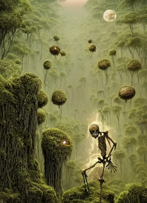 Image similar to tiny skeleton people dancing on mossy rocks with fairies and fireflies by zdzislaw beksinski and hajime sorayama lush plants and spiky bones everywhere, big glowing moon, glowing paper lanterns, high fashion, mystical fantastic magic details, by james jean, hd, 8 k, trending on artstation, uhd