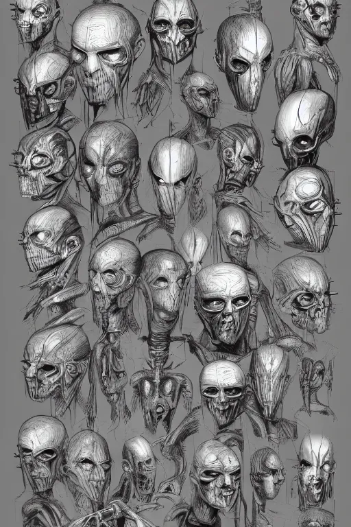 Prompt: facial anatomy with gunmetal grey skin, medical anatomy, very symmetrical face, highly detailed, mecha, three - perspective / three - view reference sheet ( front / back / side ), in the style of dan ouellette, hr giger, sil from species, dren from splice, biomechanical, artstation, unreal engine