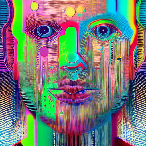 Prompt: portrait of abstract visual artificial intelligence face chromatic suit by Petros Afshar and Beeple, highly detailed
