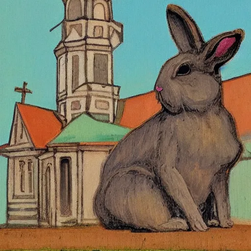 Image similar to a rabbit sitting in front of an old wooden russian church, in the style of ilya repin