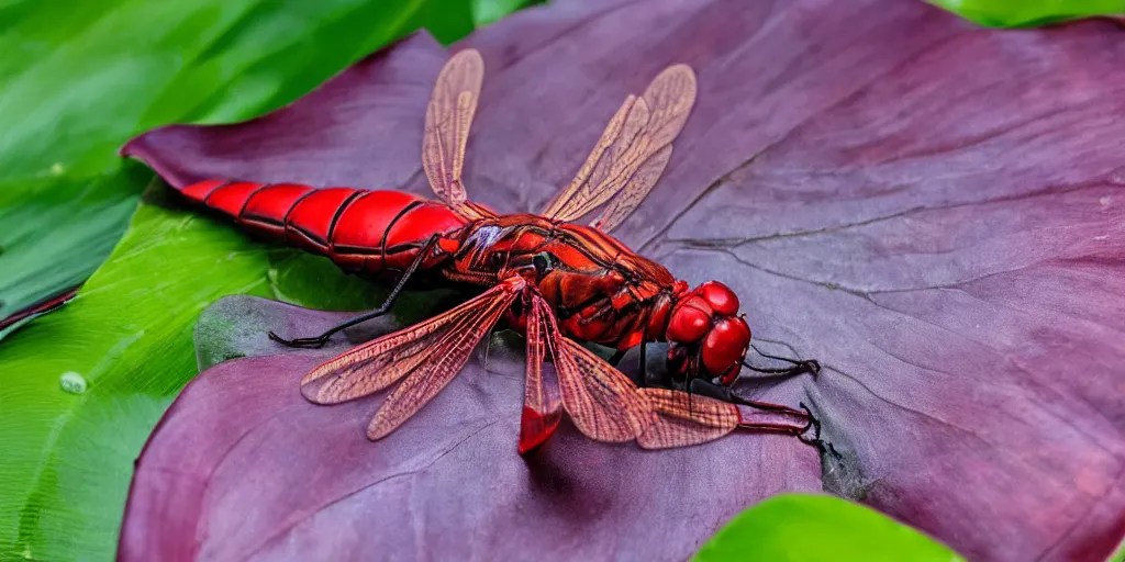 Image similar to a hyperrealistic cyborg red dragonfly with glowing neon electronics rests on a hosta leaf, UHD, 8K HDR, boken, dof, nature photograph