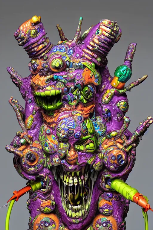 Image similar to hyper-maximalist lowbrow style overdetailed 3d sculpture of a monster by clogtwo and ben ridgway inspired by beastwreckstuff chris dyer and jimbo phillips. Cosmic horror infused retrofuturist style. Hyperdetailed high resolution. Render by binx.ly in discodiffusion. Dreamlike surreal polished render by machine.delusions. Sharp focus.