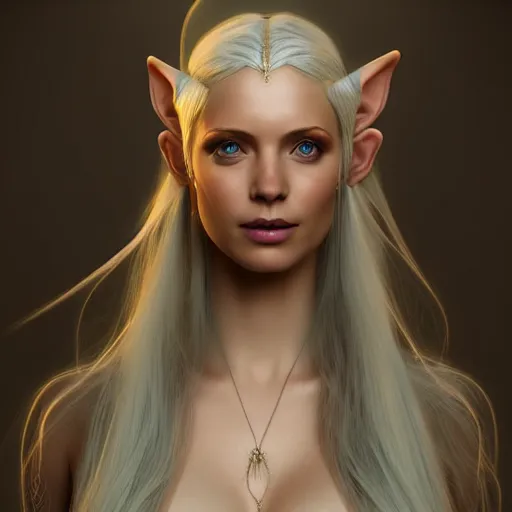 Prompt: portrait of a female elven wizard in flowing sensual dress, long flowing hair, delicate, looking at camera, slightly smiling, real face, stylish, elegant, extremely detailed painting inspired by Gerald Brom, octane render, epic lighting