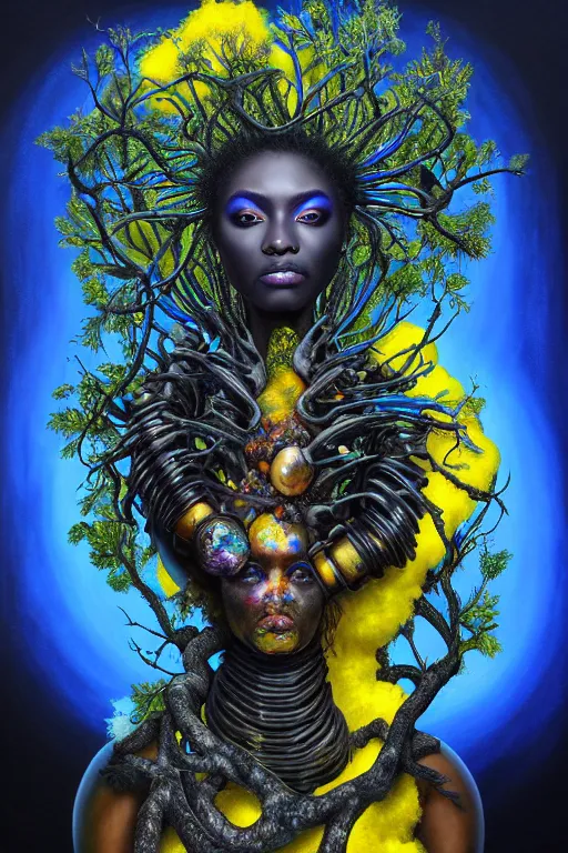 Image similar to hyperrealistic deconstructed super expressive! black woman with exoskeleton armor, merging with tree in a forest, highly detailed digital painting masterpiece smooth cam de leon hannah yata dramatic pearlescent blue yellow light ground angle hd 8k sharp focus