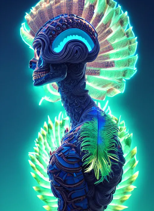 Image similar to 3 d goddess profile portrait, sigma 5 0 0 mm f / 5. beautiful intricate highly detailed quetzalcoatl skull and feathers. bioluminescent, plasma, lava, ice, water, wind, creature, thunderstorm! artwork by tooth wu and wlop and beeple and greg rutkowski, 8 k trending on artstation,