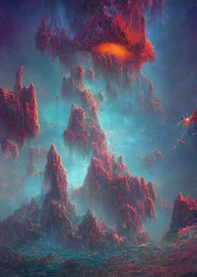 Image similar to an ultra detailed midjourney concept digital art painting of a flying island castle city, towers levitating across space in an iridescent nebula by paul lehr kazumasa uchio situated in a starry expanse of bioluminescent cosmic worlds by beksinski and beeple, ecological art, sharp details, floating citadel with towers, trending on artstation