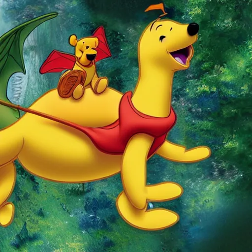 Prompt: Winnie the Pooh riding a flying parakeet dragon, the wings are made of pizza, budgie bird, high resolution photo