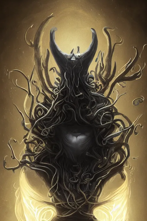 Image similar to A full body portrait of a mysterious animal with no face with a very long hooded yellow cloak, a golden crown floating above his head tentacles coming out the ground art by James Paick, and Shaddy Safadi, ominous, cosmic horror, trending on artstation, Ultra detailed, hyper realistic 4k