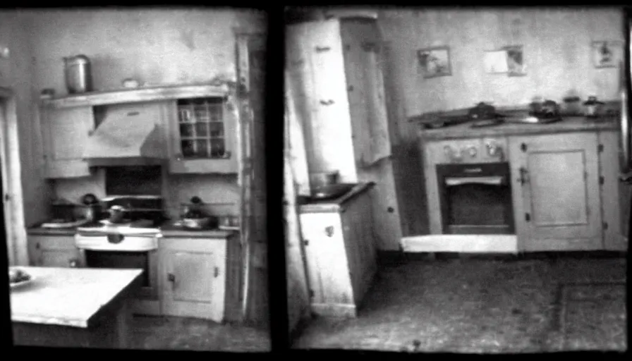 Image similar to a rhinoceros in a stalinist style kitchen, by mini dv camera, very very low quality, heavy grain, very blurry, accidental flash, webcam footage, found footage, security cam, caught on trail cam