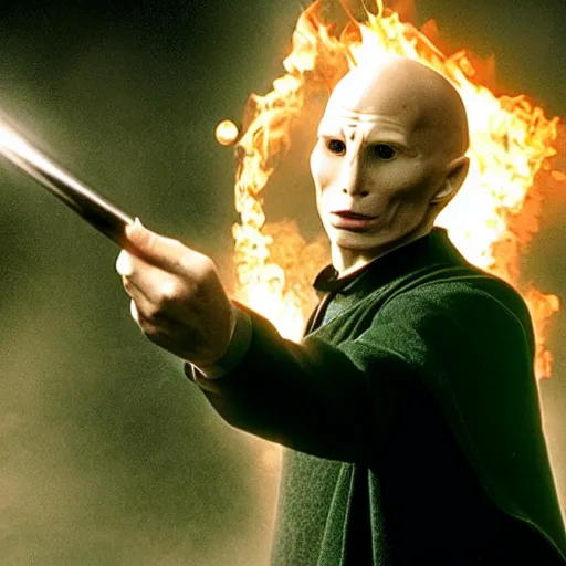 Prompt: harry potter shooting voldemort with a gun, the gun shoots a green magic flare, voldemory is flabbergasted, ultra realistic, motion blur