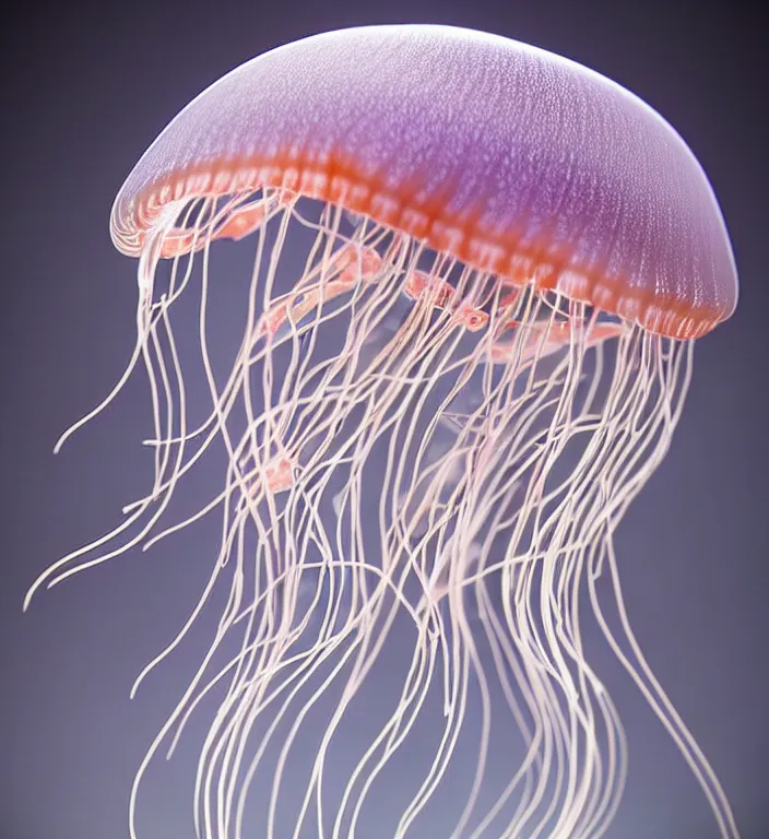Image similar to jellyfish , A Close up photo-real delicate ceramic porcelain sculpture of a symmetrical ornate detailed in front of an intricate background by Victo Ngai and takato yamamoto, micro detail, backlit lighting, face in focus, subsurface scattering, translucent, thin porcelain, octane renderer, colorful, physically based rendering, japanese pottery, trending on cgsociety