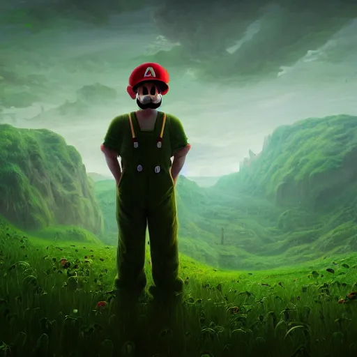 Prompt: professional fantasy art of new mario brother in green overalls, long thin drooping mustache, sad face, looking at viewer with sad face expression, professional art, horror art, matte painting, zdislaw beksinski, volumetric lighting, unreal engine 5, very detailed art