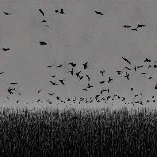 Prompt: A field full of crows, dark sky, trending on artstation.