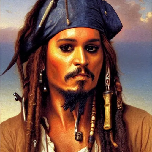 Prompt: Painting of Jack Sparrow. Art by William Adolphe Bouguereau. During golden hour. Extremely detailed. Beautiful. 4K. Award winning.