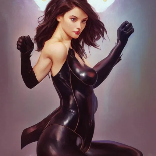 Image similar to Cat Woman, highly detailed, digital painting, artstation, concept art, smooth, sharp focus, illustration, ArtStation, art by artgerm and greg rutkowski and alphonse mucha and J. C. Leyendecker and Edmund Blair Leighton and Katsuhiro Otomo and Geof Darrow and Phil hale and Ashley wood and Ilya repin and Charlie Bowater