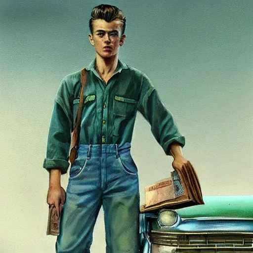 Image similar to a highly detailed epic cinematic concept art CG render digital painting artwork costume design: young James Dean as a well-kept neat mechanic in 1950s USSR green dungarees and big boots, reading a book. By Greg Rutkowski, Ilya Kuvshinov, WLOP, Stanley Artgerm Lau, Ruan Jia and Fenghua Zhong, trending on ArtStation, subtle muted cinematic colors, made in Maya, Blender and Photoshop, octane render, excellent composition, cinematic atmosphere, dynamic dramatic cinematic lighting, aesthetic, very inspirational, arthouse