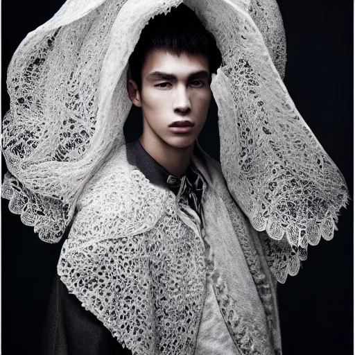 Image similar to a portrait of a beautiful young male wearing an alexander mcqueen cloak made of lace , photographed by andrew thomas huang, artistic