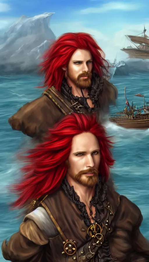 Image similar to portrait of a male pirate with flowing red hair!!!!!!, airship in the background!!!!!!, lean body!!, Steampunk!!!!!!!, D&D, fantasy, simple clothing!!!!, elegant, highly detailed, digital painting, artstation, concept art, sharp focus, illustration, art by Artgerm and Greg Rutkowski and Alphonse Mucha