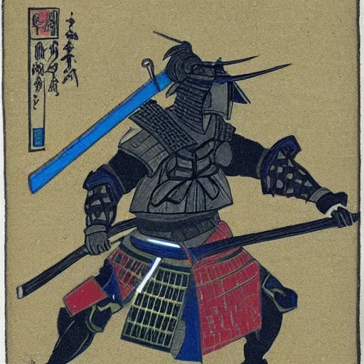 Image similar to a samurai with a black armour with glowing blue edges and a fire sword.