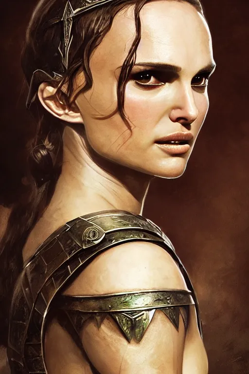 Image similar to natalie portman, legendary warrior, heroic, lord of the rings, tattoos, decorative ornaments, battle armor, by carl spitzweg, ismail inceoglu, vdragan bibin, hans thoma, greg rutkowski, alexandros pyromallis, perfect face, fine details, realistic shading photorealism