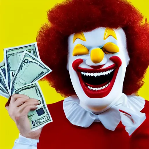 Prompt: Ronald McDonald laughing greedily full of money