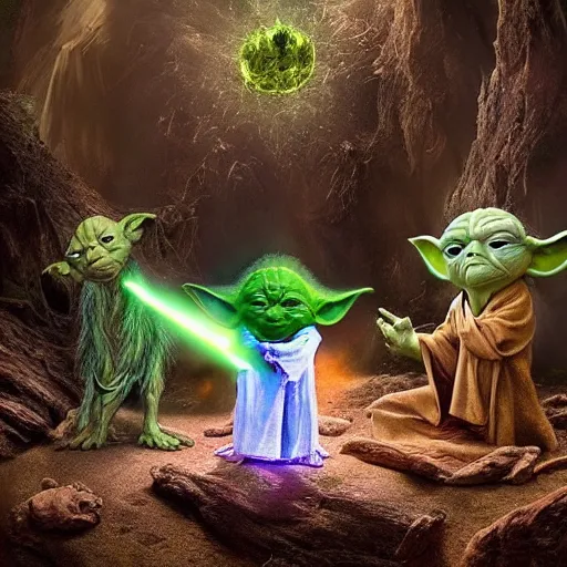 Prompt: various members of yoda's species interacting with eachother and performing strange rituals on their home planet, award winning nature photo 8 k hdr amazing lighting