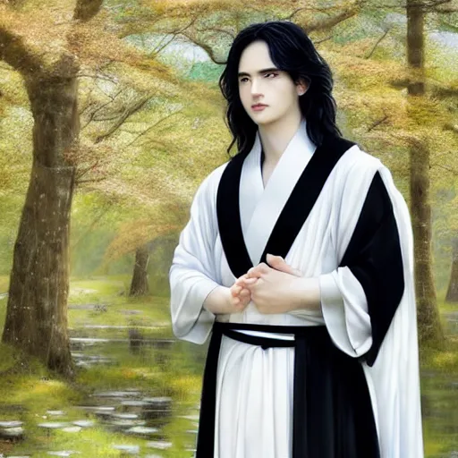 Prompt: a portrait of a young beautiful prince, golden eyes, long black hair, white hanfu, elegant, intricate, backlit, incredible lighting, strong rim light, subsurface scattering, photorealistic, epic beautiful landscape, cherry trees, highly detailed, god rays, digital painting, by Heise Jinyao, Heise-Lian Yan Fang, Feimo, Rossdraws, HDRI, vivid colors, high contrast, 8k