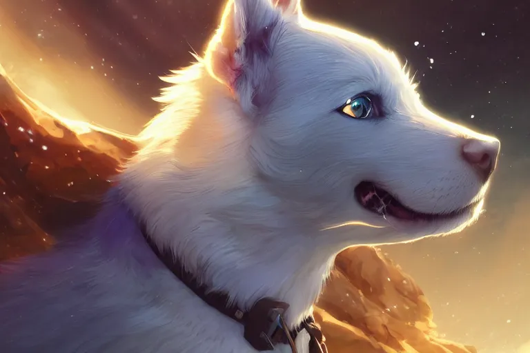 Image similar to blue eyed celestial dog, single subject, scenic full shot, ambient lighting, detailed face, by makoto shinkai, stanley artgerm lau, wlop, rossdraws