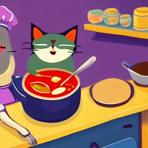 Prompt: anthropomorphic cat chef cooking a delicious colorful soup, digital painting, youtube video thumbnail