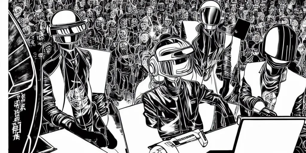Image similar to detailed black ink manga artwork of 2 Daft Punk robot rock using Apple notebook Macbook at an underground warehouse rave in Ibiza, playing techno house music, thousands of beautiful girls in bikini dancing, in the style of manga illustration, wires, speakers, black and white ink