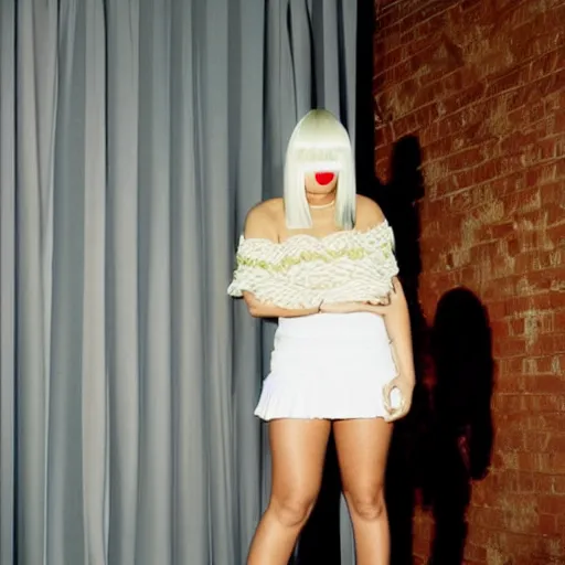 Prompt: sia furler wearing a mini skirt photoshoot