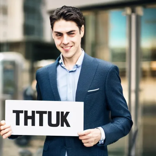 Image similar to a man wearing suite holding sign with text Thank you Stable Diffusion