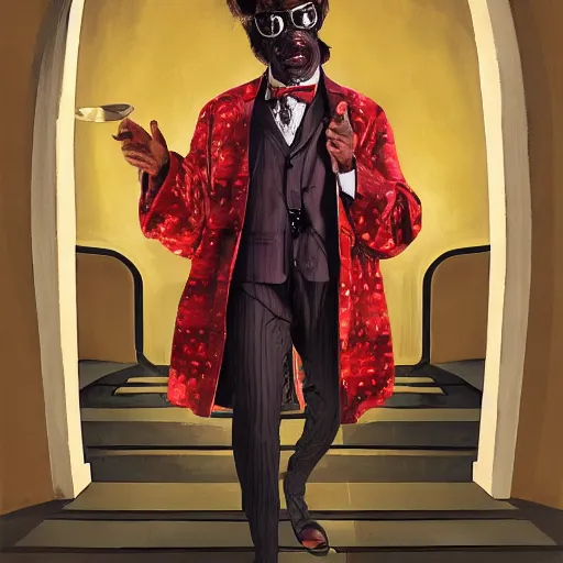 Prompt: timelord dr. pootie tang telepathic space entity wearing a smoking jacket and fez emerges from the front gate of his palatial abode guillem h. pongiluppi craig j. spearing giorgio chirico jamie wyeth greg rutkowski tombow