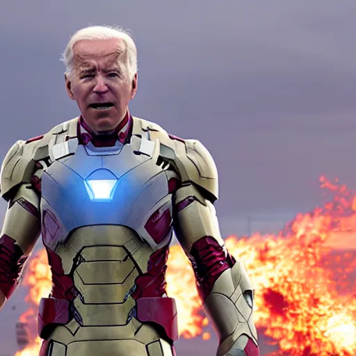 Prompt: promotional image of Joe Biden as Iron Man in Iron Man（2008）, he wears Iron Man armor without his face, movie still frame, promotional image, imax 70 mm footage