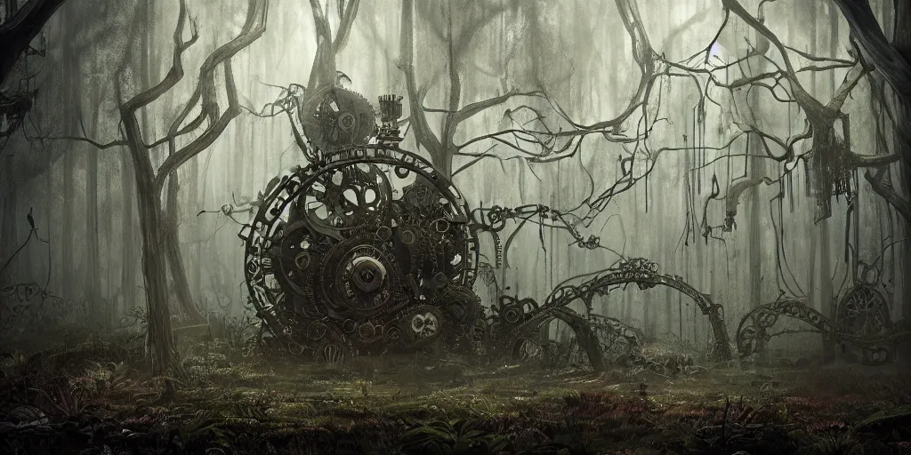 Image similar to mechanical steampunk machine in haunted swamp surrounded by dense forest with vines hanging from trees, creepy ambiance, fog, sharp focus, hughly detailed, eerily beautiful, cgsociety, artgerm