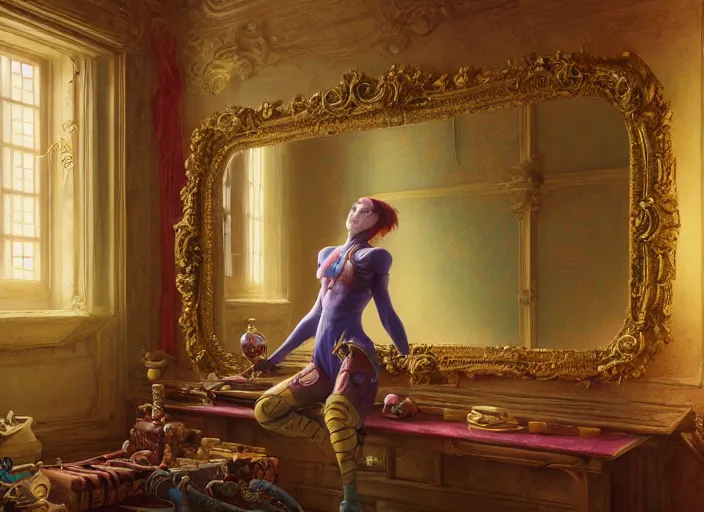 Prompt: ornate mirror, english castle interior, wool socks, vibrant colors, jesper ejsing, james jean, justin gerard, tomasz alen kopera, cgsociety, fenghua zhong, makoto shinkai, octane render, highly detailed, rim light, art, cinematic lighting, very coherent, hyper realism, high detail, 8 k