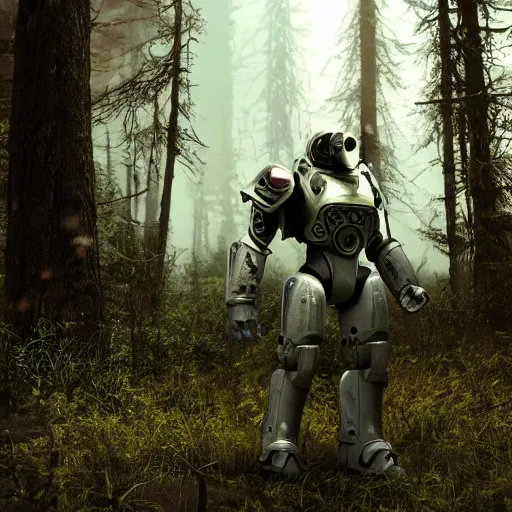 Image similar to T-45 power armor stands against the background of a radioactive forest, graphics, fallout 4 render, 3d computer render, maximum details, rain, night, spotlight,