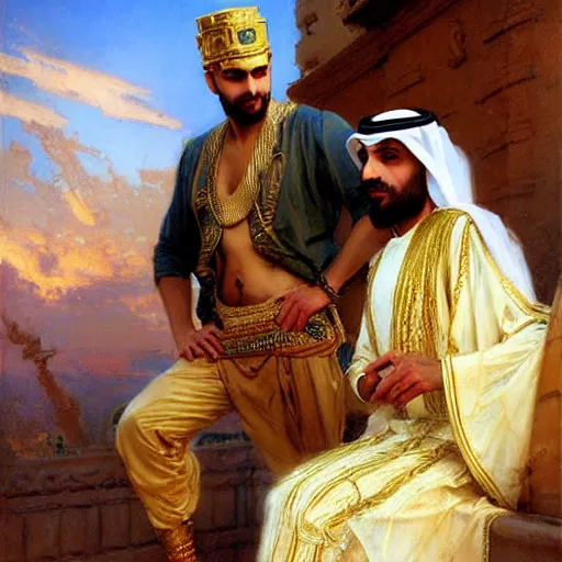 Image similar to attractive arab king in love with his attractive male prince. highly detailed painting by gaston bussiere, craig mullins, j. c. leyendecker