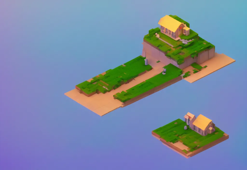 Image similar to isometric house on a mountain top magicavoxel cinematic lighting, 4k